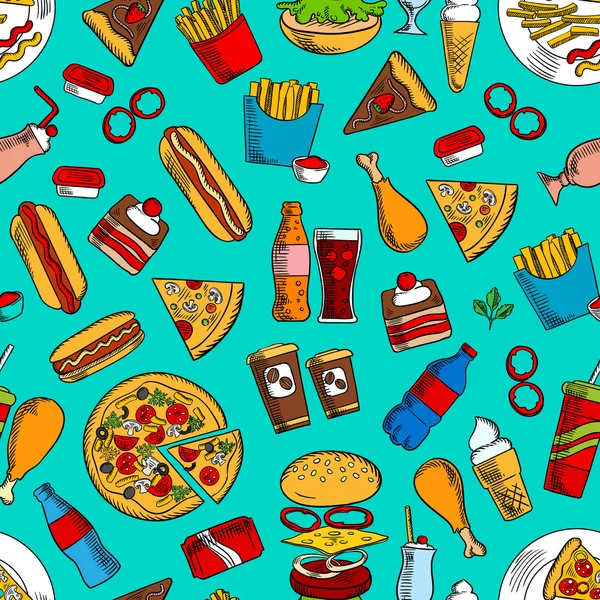 Snacks de comida rápida, bebidas, postre patrón sin costuras — Archivo Imágenes Vectoriales