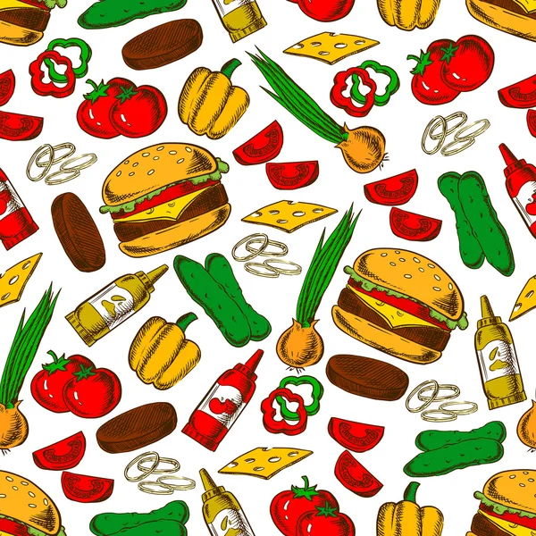 Burger de restauration rapide avec des ingrédients motif sans couture — Image vectorielle