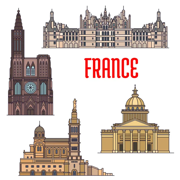 细线风格的法国旅游景点图标 — 图库矢量图片