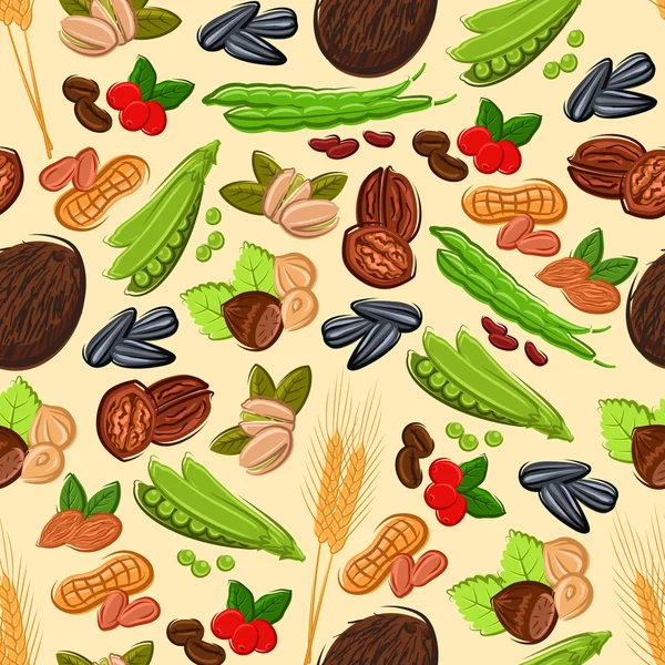 Tuerca, frijol, semillas y cereales patrón sin costura — Vector de stock