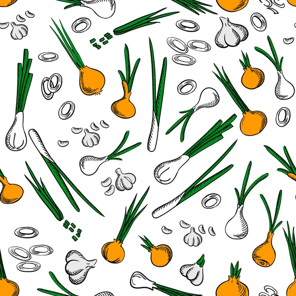 绿色的洋葱和大蒜蔬菜无缝模式 — 图库矢量图片