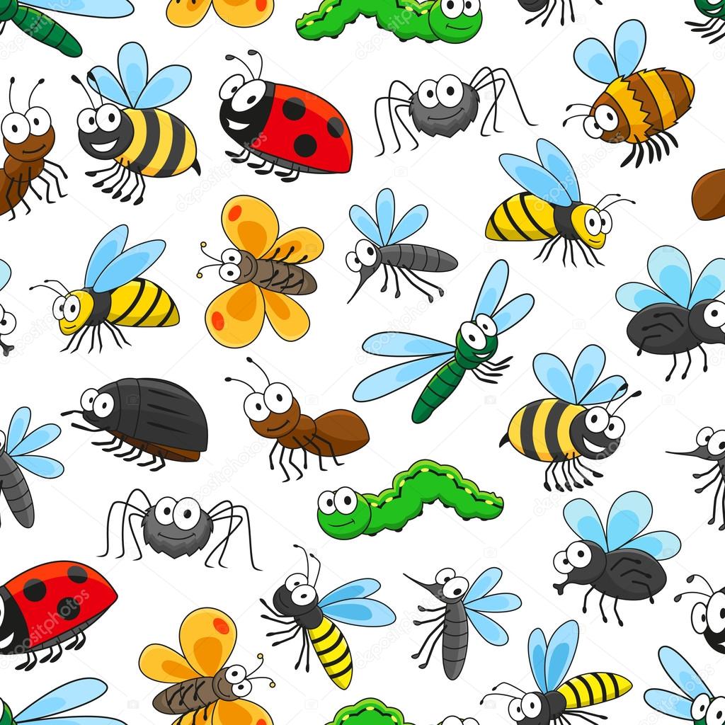 Funny insects cartoon characters seamless pattern