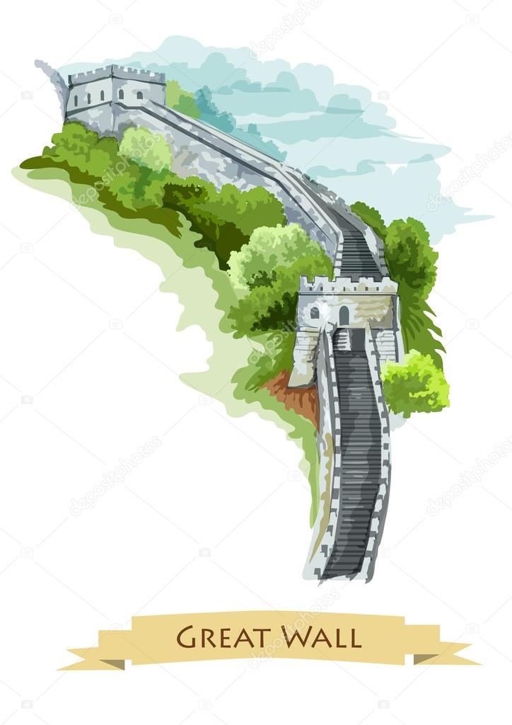 Chinese Great Wall. Watercolor icon