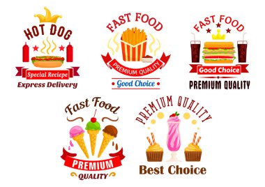 Fast Food simgeler. Atıştırmalıklar, içecekler, tatlılar etiketleri