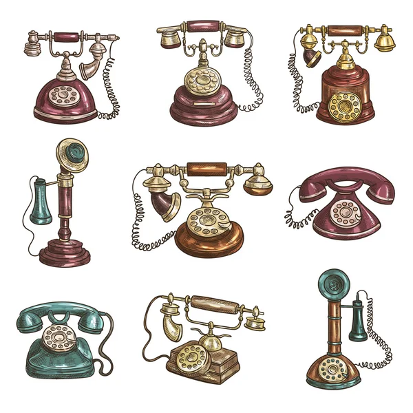 Régi vintage retro telefon vázlat ikonok — Stock Vector