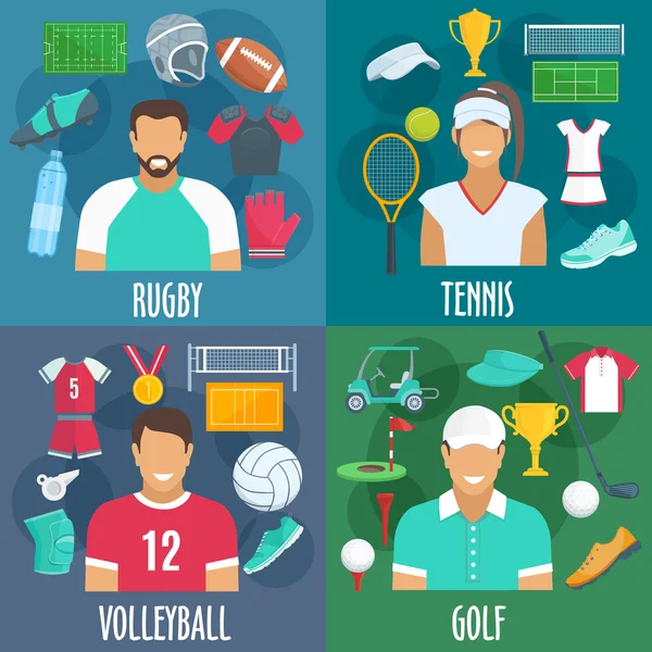 Rugby, tenis, voleybol, golf sporu ikonları — Stok Vektör