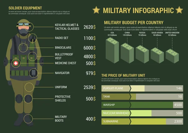 Militär infografik med grafer och diagram — Stock vektor