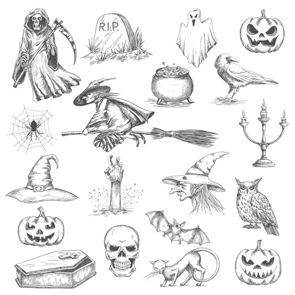 Halloween-Party Sketch dekorative Ikonen — Stockvektor