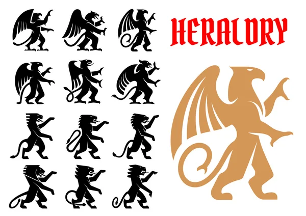 Heraldic mythical animals icons set — Stock Vector