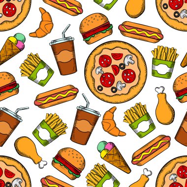 Fast food atıştırmalıklar, içecekler dikişsiz arka plan