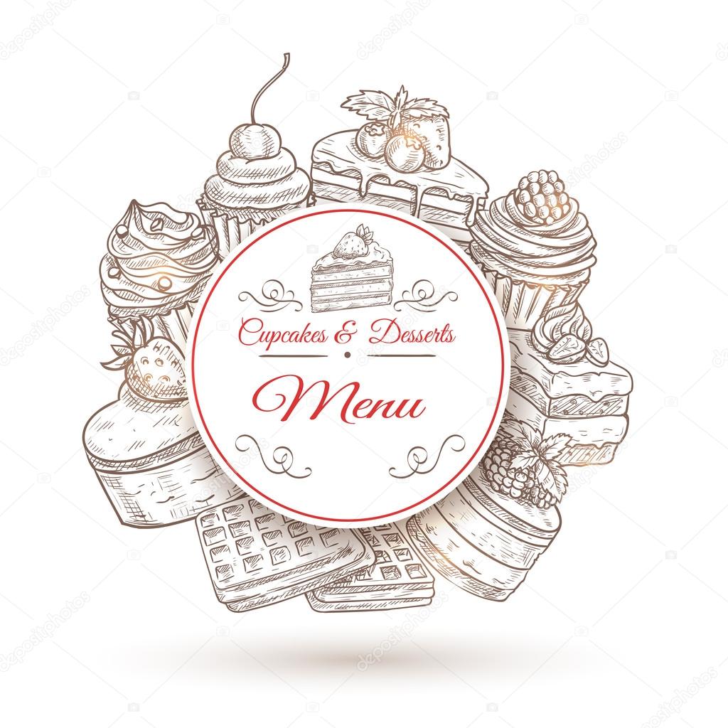 Pastry desserts menu poster with cake, cupcake, muffin and waffle, decorated by cream, fresh fruit and nut. Cafe, bakery shop design