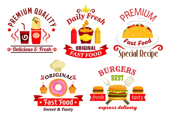 Fast food sandwich, drink and dessert badges — Stock Vector