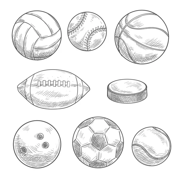 Sporting balls and hockey puck isolated sketches — Stock Vector