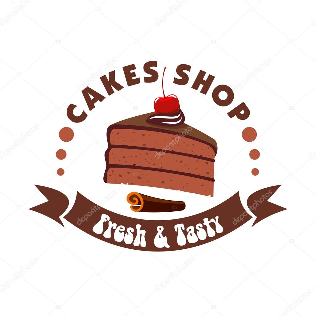 Cake shop badge with chocolate cake topped with cherry fruit and cream, decorated by cinnamon stick and brown ribbon banner with caption Fresh and Tasty