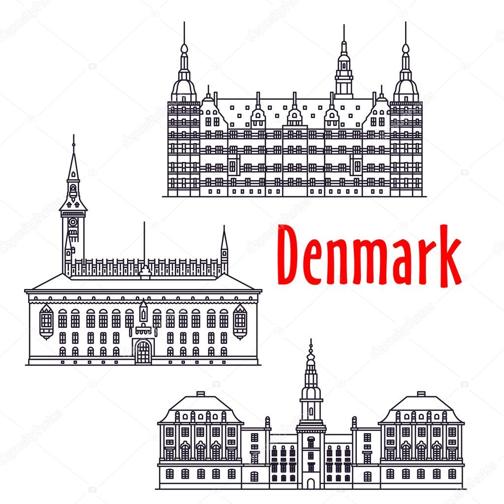 Symbolic travel sights of Denmark thin line icon