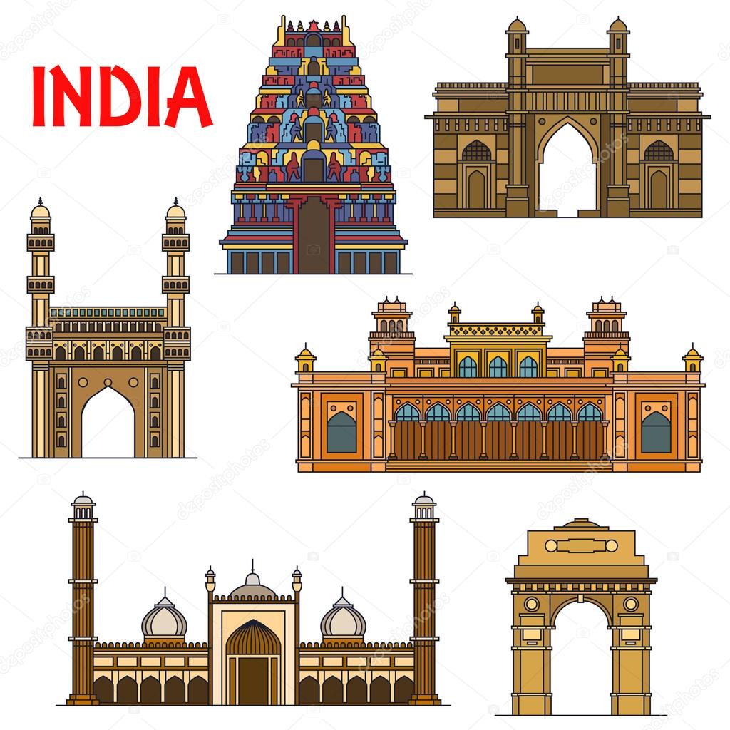 Indian travel landmarks thin line icon