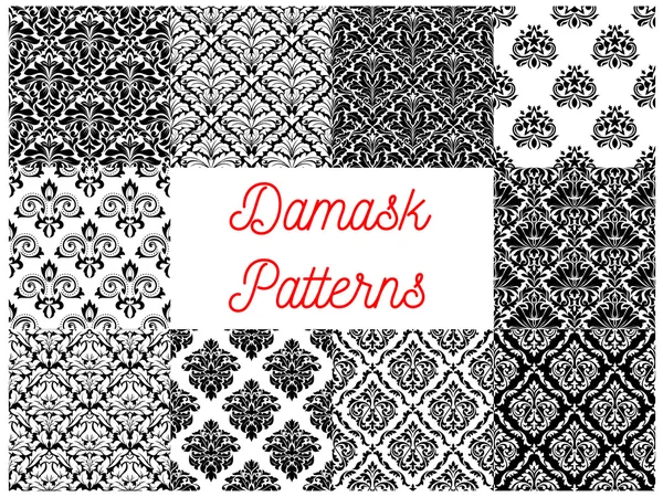 Black and white damask floral patterns set — Stock Vector
