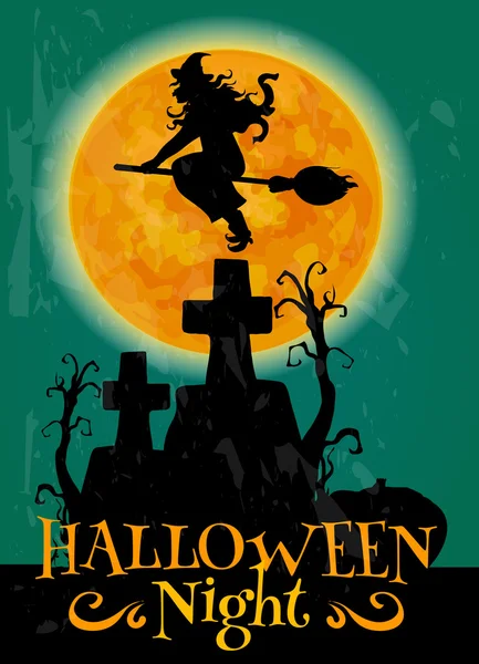 Hexe auf Besen fliegt zur Halloween-Nacht-Party — Stockvektor