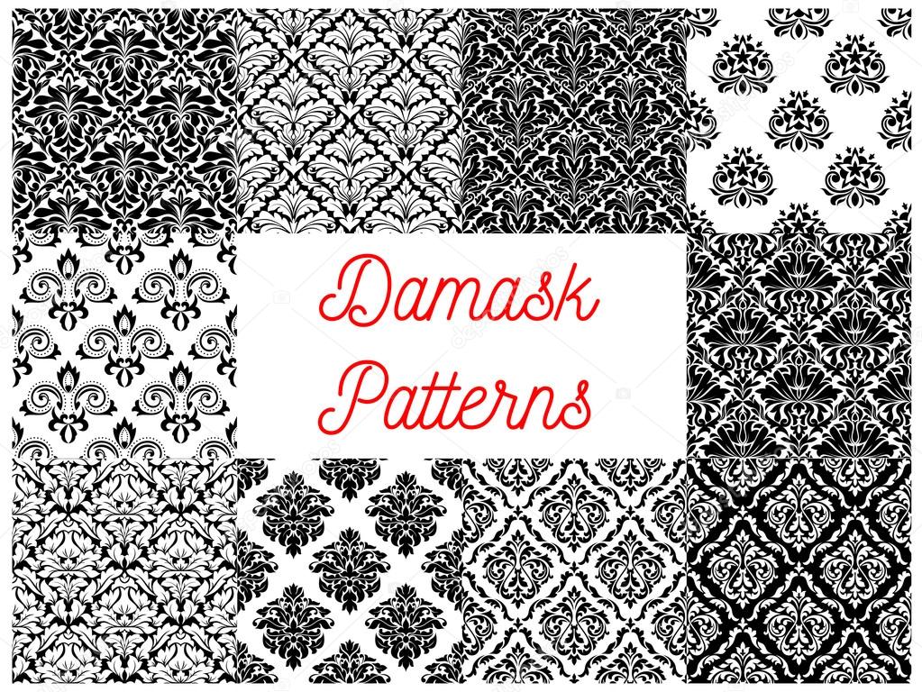 Black and white damask floral patterns set