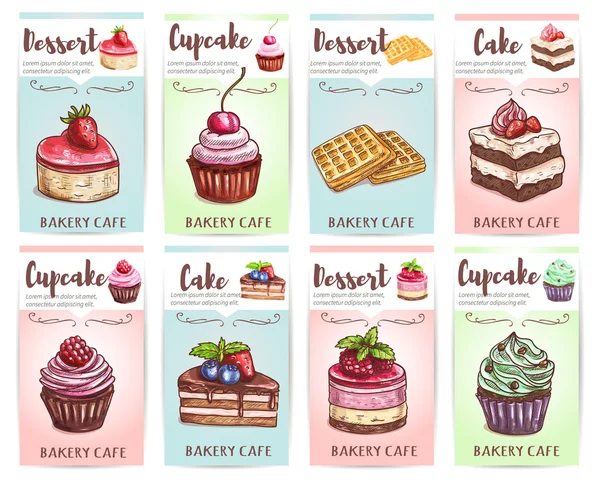 Bannières gâteau, cupcake, muffin et gaufre — Image vectorielle