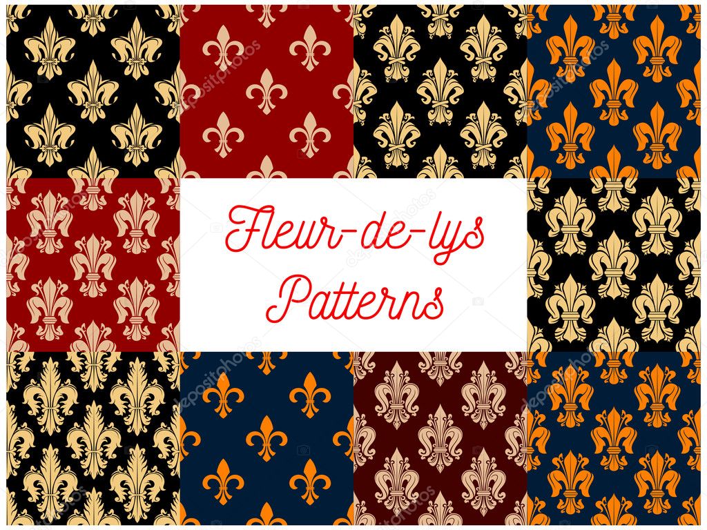 French victorian fleur-de-lis seamless pattern set