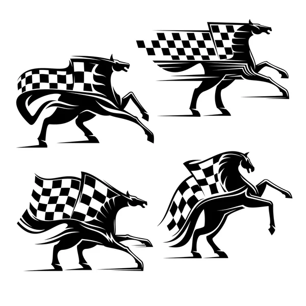 Horse with checkered flag. Racing sport icons — Stock Vector