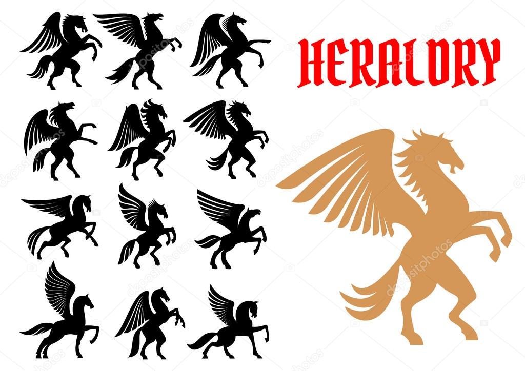 Mythical Pegasus horse creatures. Heraldic animals icons. Vector heraldry emblem silhouettes for insignia, tattoo, shield element