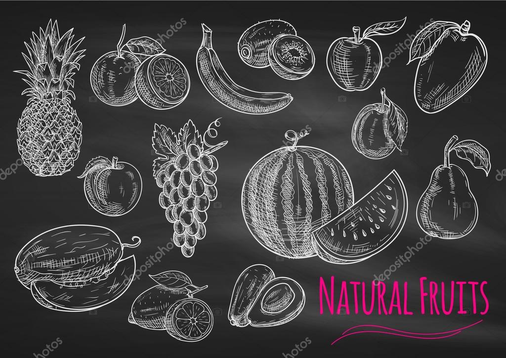 Fruits chalk sketch on blackboard. Isolated vector icons of exotic and tropical pineapple, orange, apple, melon, lemon, banana, grape, avocado, watermelon, kiwi, apricot peach mango pear plum