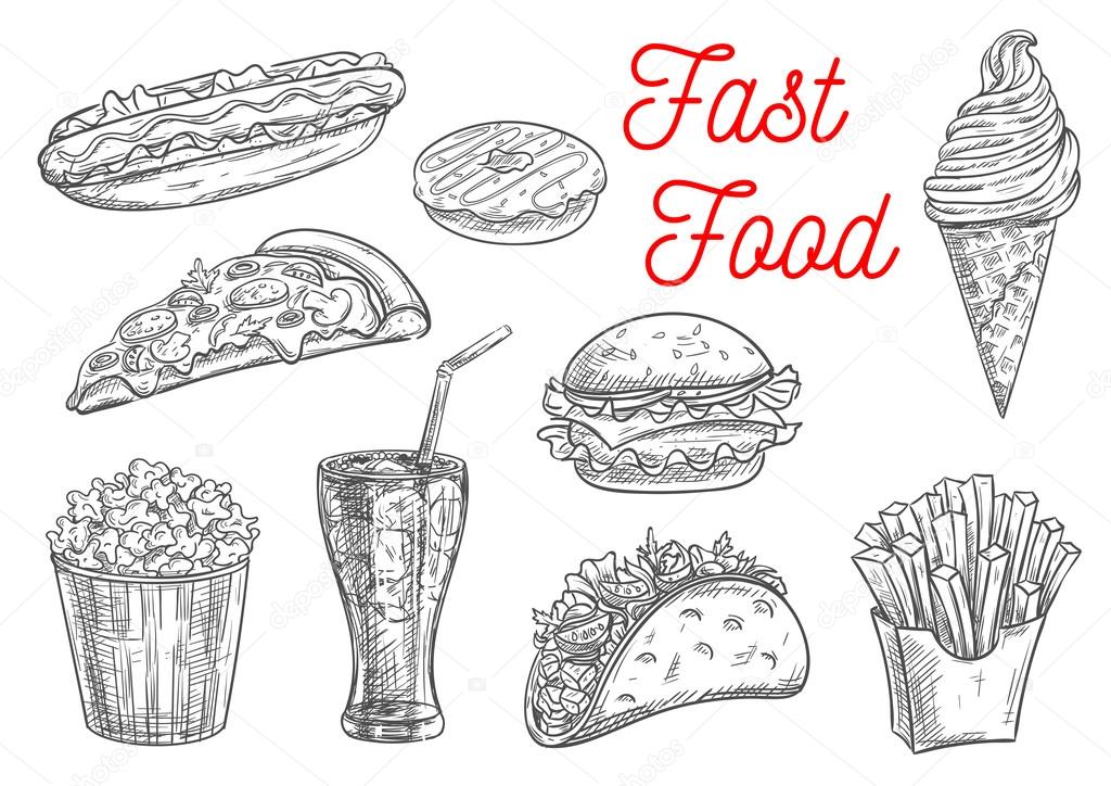 Fast food snacks and desserts sketch. Isolated vector icons of hot dog, donut, cheeseburger, hamburger, french fries in box, pizza, popcorn , ice cream cone, tacos, soda drink