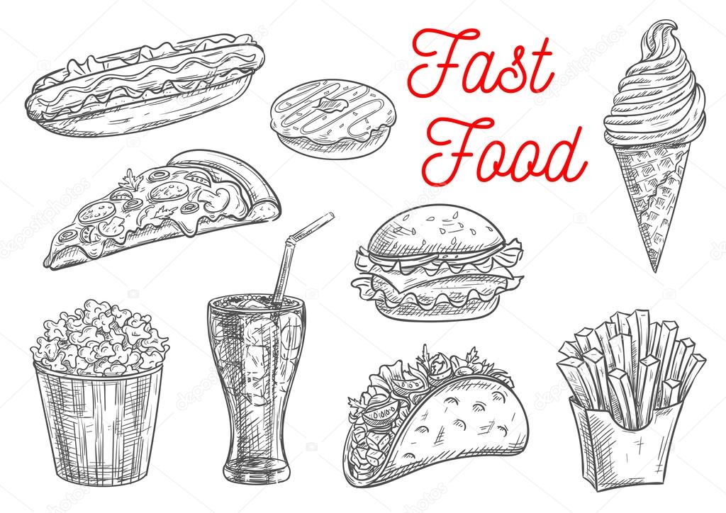 Fast food snacks and drinks icons sketch