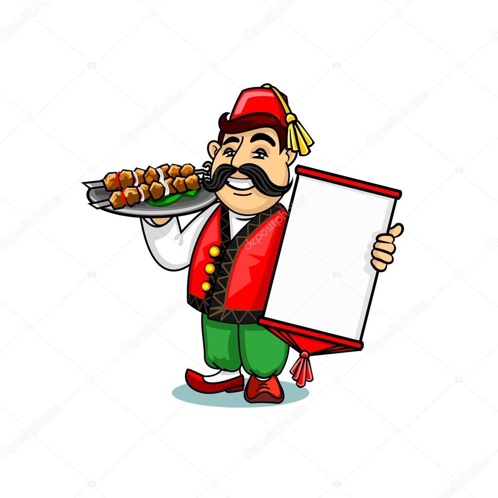 Turkish cuisine icon. Turk chef cook in national clothing holding menu card template and shashlik kebab on dish. Vector emblem for restaurant signboard, menu, decoration