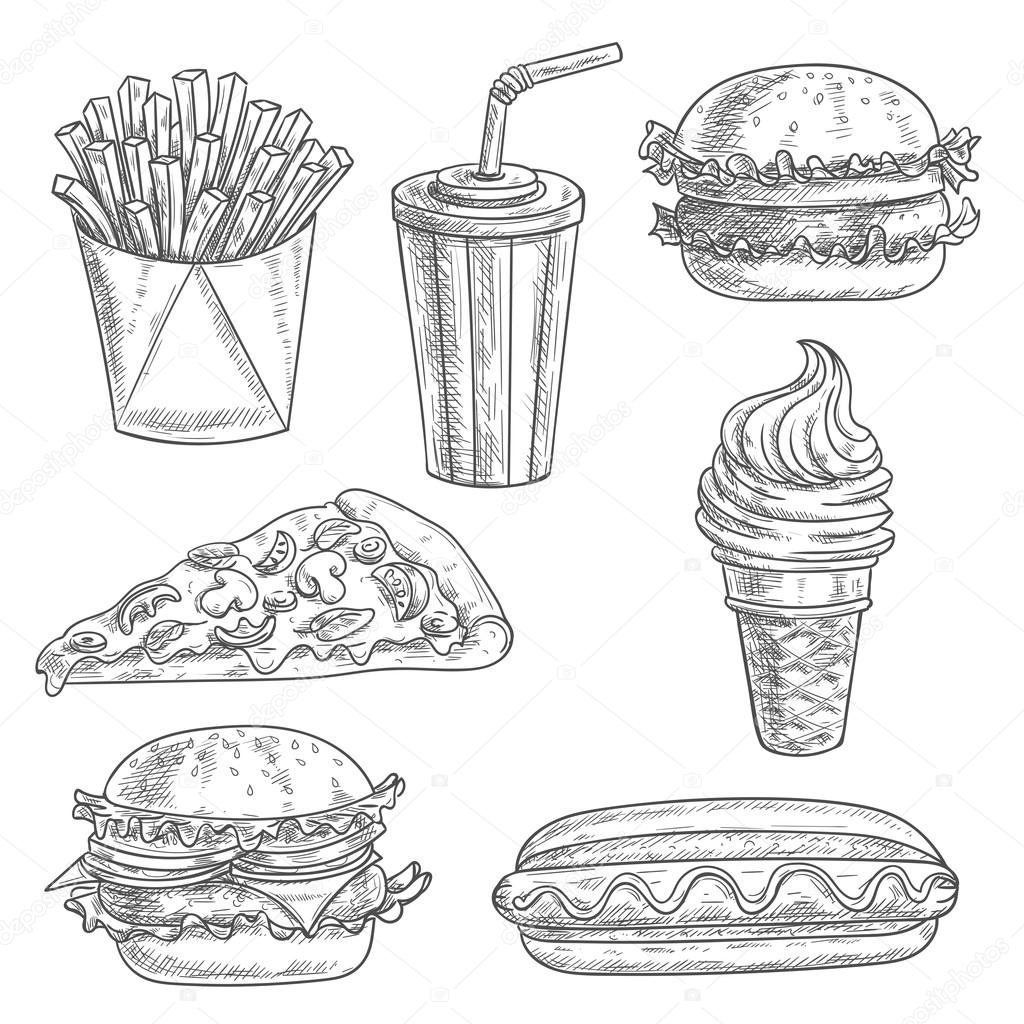 Fast food pencil sketch snacks, desserts, drinks. Isolated vector icons of french fries in box, pizza slice, soda coke, cheeseburger, hamburger, hot dog, ice cream cone