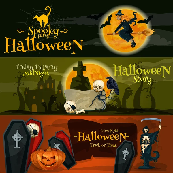 Banner de desenhos animados de Halloween com texto e personagens — Vetor de Stock