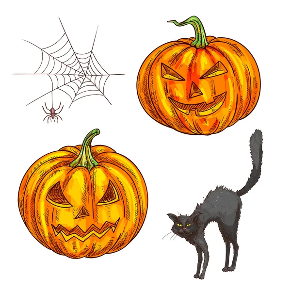 Halloween läskiga pumpa lykta skiss ikoner — Stock vektor