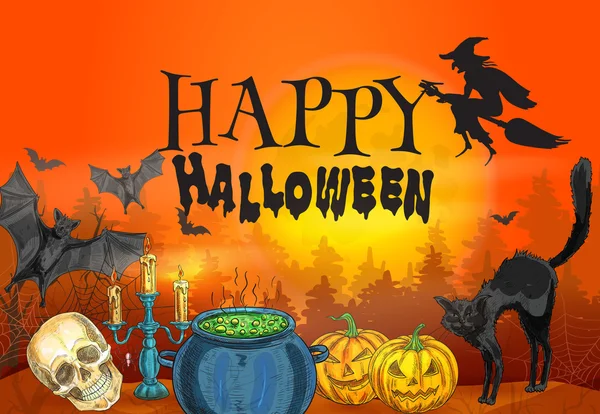 Joyeux Halloween sorcellerie et scène d'horreur — Image vectorielle