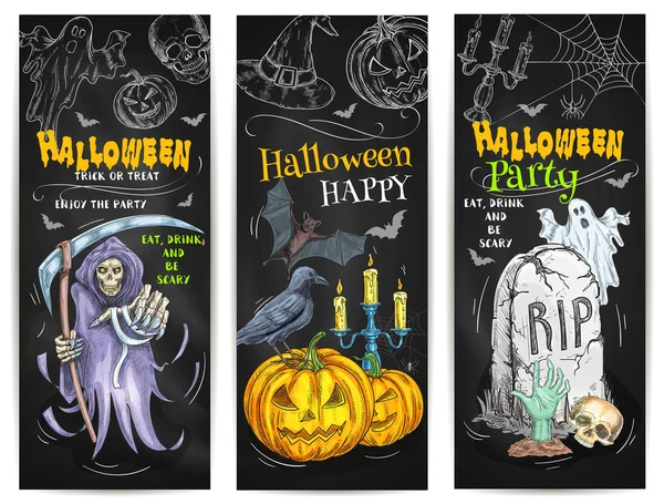 Halloween-Party Kreide-Skizze Design auf Tafel — Stockvektor