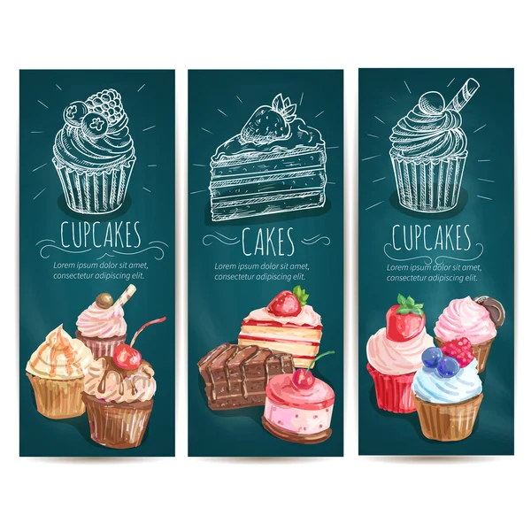 Cupcakes, pasteles pasteles postres banderas — Archivo Imágenes Vectoriales