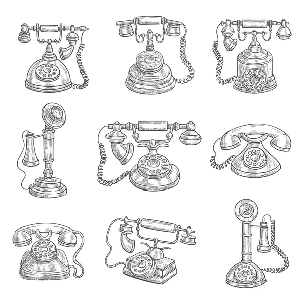 Vieux téléphones rétro crayon esquisse icônes — Image vectorielle