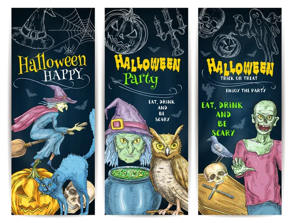 Halloween Party giz esboço banners set — Vetor de Stock