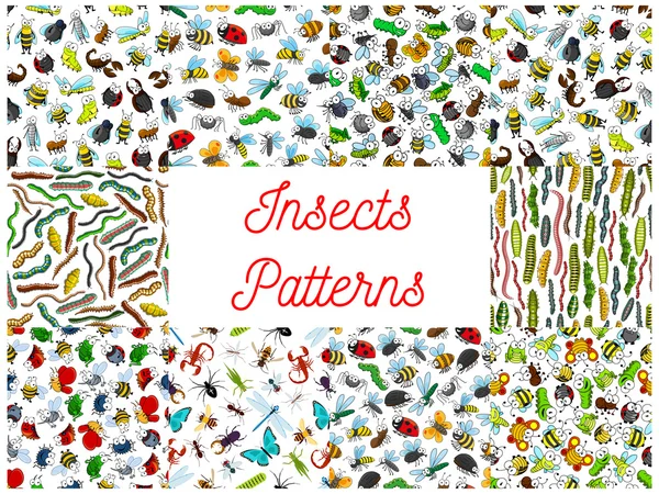 Patrones de dibujos animados de insectos y insectos — Vector de stock