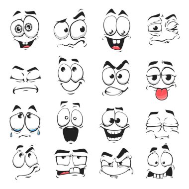 Çizgi film yüz ifadesi izole edilmiş vektör simgeleri, tatmin olmuş komik emoji, ve çılgın, kızgın, gülen ve üzgün. Yüz ifadeleri üzgün, mutlu, dişlek ve üzgün, tatminsiz. Tatlı yüz ifadeleri ayarlandı