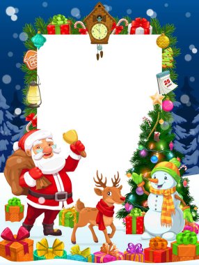 Noel bayramı dilekleri karşılamak için boş bir şablon, vektör posteri. Noel Baba, Noel Baba 'nın hediye çantası ve ren geyikleriyle Noel ağacında ışıklar, süsleme baloları, altın yıldızlar ve takvimle birlikte.