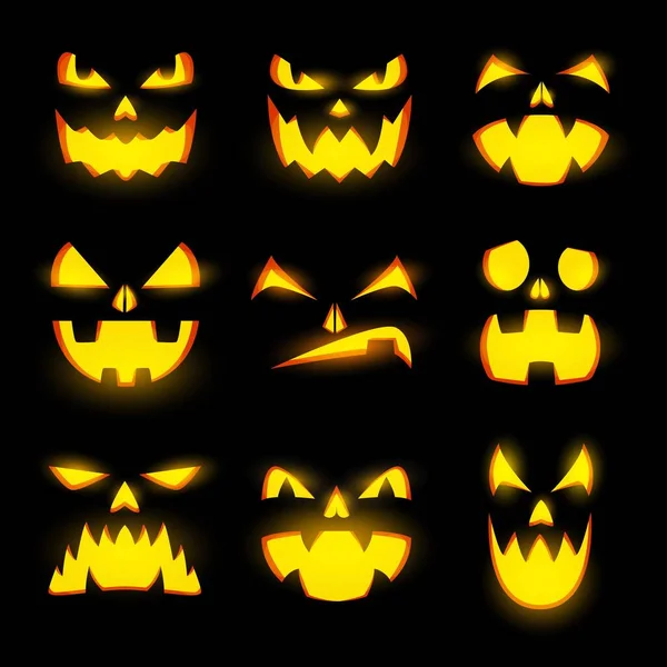 Děsivé Záře Dýně Tváře Izolované Vektorové Ikony Halloween Monstrum Emotikony — Stockový vektor