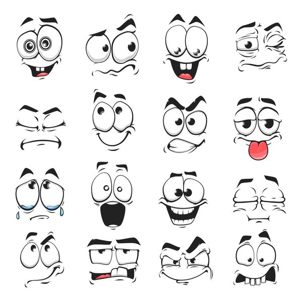 Cartoon face expression isolated vector icons, funny emoji satisfied, and crazy, angry, laughing and sad. Facial emoticon feelings upset, happy, toothy and sad, dissatisfied. Cute face expressions set