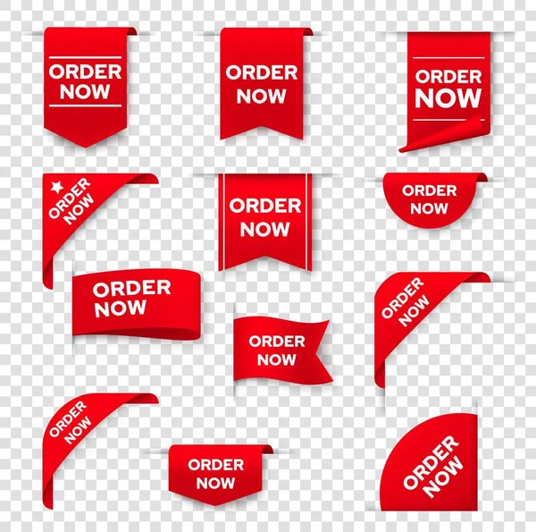 Order Now Red Ribbon Bookmark Banner Corner Realistic Vector Sale — Stock Vector