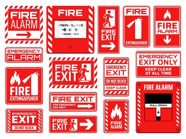 Fire Emergency Signs Vector Design Fire Exit Extinguisher Alarm Button — Stock Vector