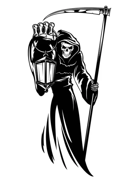 Reaper Scythe Lantern Grim Death Wearing Black Chlamydia Hood Skeleton — Stock Vector