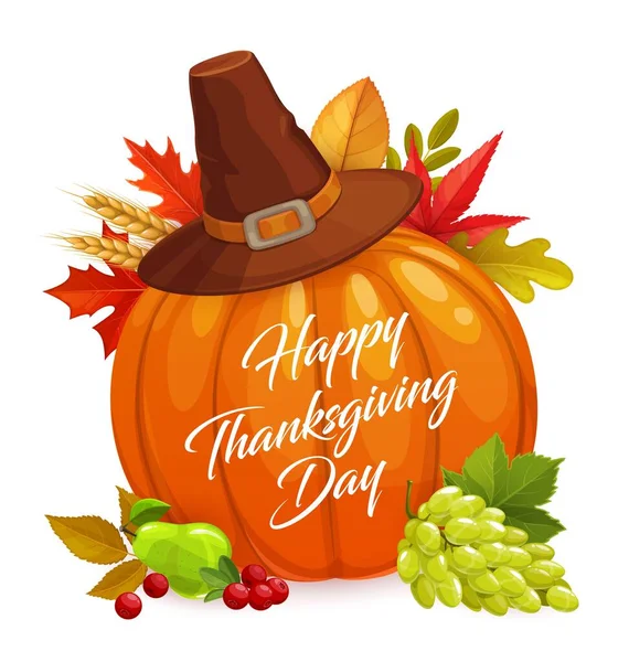 ハッピーサンクスギビングデーベクトルポスター 漫画カボチャ 秋の葉 ありがとうメープル エルム ローワンの葉 小麦の耳 ブドウ クランベリーでホリデーグリーティングカードのお祝いを与える — ストックベクタ