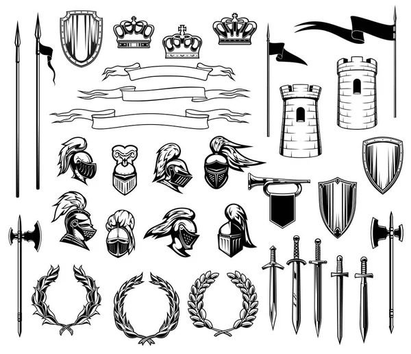 中世の盾 王室の冠 騎士の鎧 ヘルメットや剣の騎士紋章ベクトルセット 古代の塔 リボンバナーやフラグ トランペットと月桂樹の花輪 紋章や腕のコート — ストックベクタ