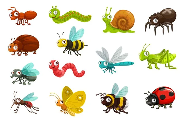 Cute Bugs Insects Cartoon Characters Happy Smiling Ant Caterpillar Snail — Stock Vector